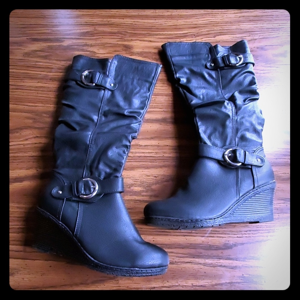 SMARTTY Black Slouchy Mid-Calf Wedge Boots